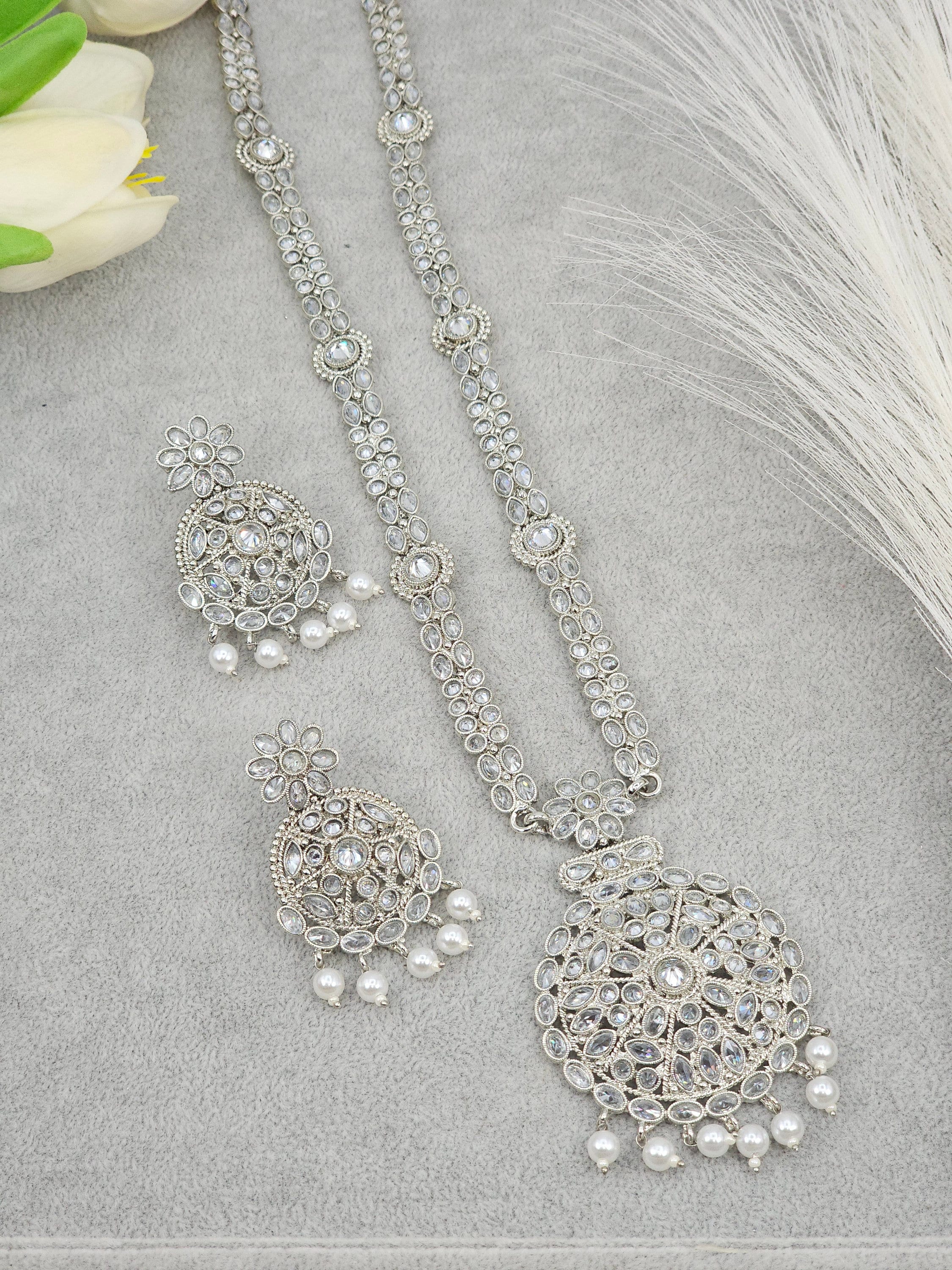 Silver Polki Rani Haar Set: Long Indian Necklace & Earrings