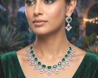 Silver Green CZ Choker Necklace Set with Earrings, Indian Wedding Necklace, Pakistani Bridal Jewelry Set, Statement AD Jewelry Gift for Her