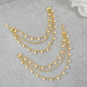 Gold Plated Polki Pearl Ear Chain, Sahare for Earrings, Bahubali Kaan chain, Kaan Chains, Sahare, Indian Pakistani Jewellery