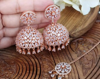 【美品】American Indian Jewelry「 Ⅱ 」「 Ⅲ 」 American Diamond CZ Jhumki Tikka Set, Indian Jewellery