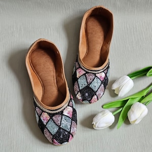 Sable - Black Multicolour Women&#39;s Bellerina,  Jutti ,Indian Pakistani Khussa, Punjabi Jutti, Ballerina, Handmade Jutti, Shoes, Footwear