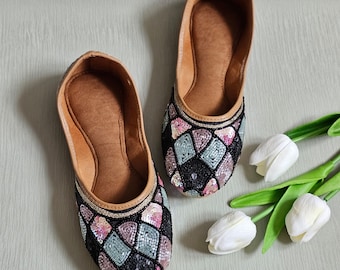 Handmade Black Multicolour Jutti: Indian Khussa Ballerinas with Dabka Work