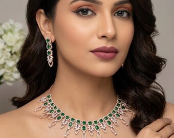 Emerald Green Bridal CZ Necklace Earrings Set, Rose Gold Statement Jewelry, Wedding Necklace Set, Crystal Choker, Indian Bridal Jewelry Gift