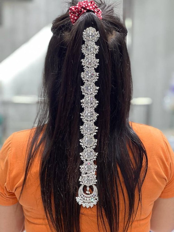Antique Gold Mirror Stone Pearl Plait Piece Choti Hair