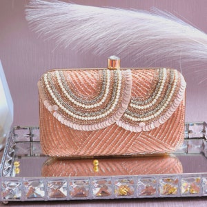 Peach Pearl Clutch Bag: Gold Embroidered Indian Bridal Handbag