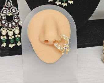 CZ Diamond Nose Hoop For Non Pierced Nose Stud(1.5cm) Indian Jewelry Fake Nose Ring Gold Silver Wedding Bridal Nose Jewelry, Bollywood Nath