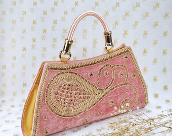 Bolso de mano nupcial de terciopelo color oro rosa: Bolso de boda indio bordado