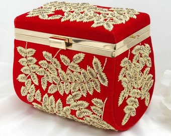 Ameera Red Gold Designer Zardosi Work Indian Bridal Box Clutch for Wedding, Vanity Box, Jewellery Box, Evening Purse, Indian Pakistani