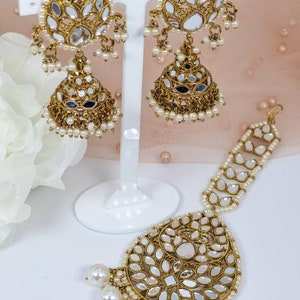 Antique Gold Mirror Jhumka Earring & Tikka Set: Indian Wedding Jewelry