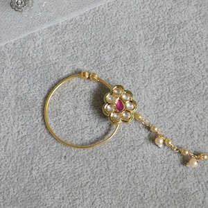 Gold Plated Kundan Meenakari Bridal Nose Ring with Chain