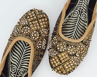 Handmade Black & Gold Jutti: Punjabi Wedding Shoes, Zardozi Embroidered