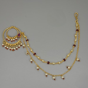 Kundan Bridal Nath: Gold Indian Nose Ring with Chain (Non Pierced)