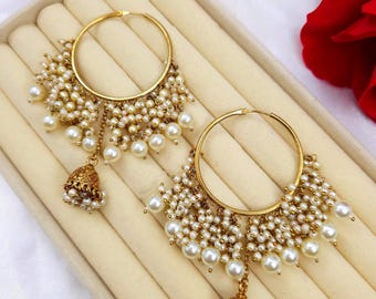 Antique Gold Pearl Hoop Jhumka Earrings – Add Drama to Your Outfit, Bollywood Party Jewelry, Polki jewelry, Indian Bridal Jewelry