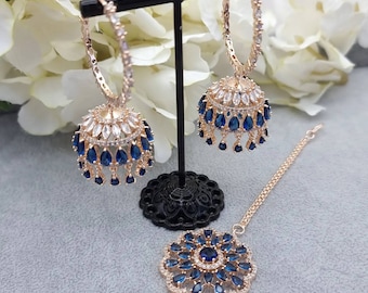 Rose Gold CZ Hoop Jhumki and Tikka Set: Indian Bridal Jewelry, Jhumka Earrings Headpiece, AD Hoop Earrings Bridesmaid Jewelry Gift For Her