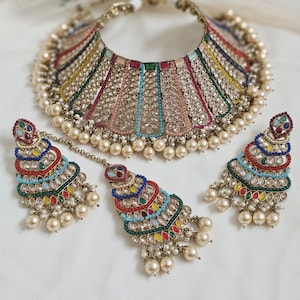 Antique Gold Polki Choker Necklace Set: Multicolour Indian Bridal Jewelry