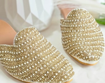 Golden Bridal Mules: Handcrafted Pearl Embroidered Juttis