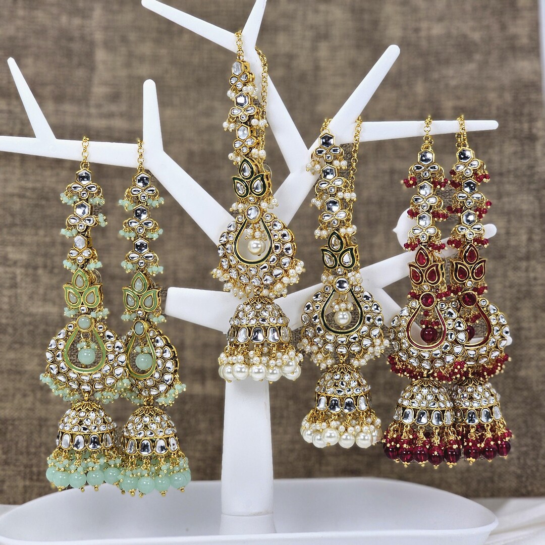 Ear Matty Indian Traditional Bridesmaid Gold Plated Earrings With Ear Chain ...