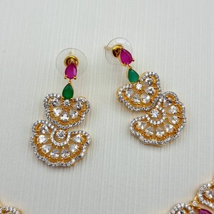 Gold Finish Multi Colour CZ Necklace Set Beautiful Indian AD Jewelry with Earrings for Bridal and Modern Designs Occasionally & Special Gift