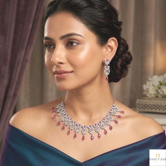 Ruby Pink Crystal CZ Bridal Necklace Earring Set, Silver Plated Indian Wedding jewellery, Statement AD Necklace Set, Bridesmaid Jewelry Gift