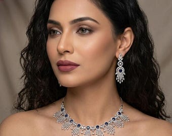 Silver Plated CZ Necklace Set with Earrings, Blue Stone Indian Wedding Jewellery, Pakistani Bridal AD Necklace Set, Statement Jewelry Gift