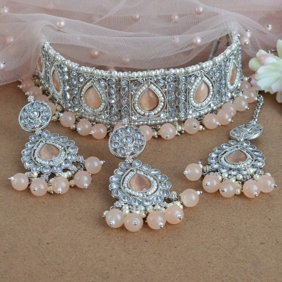 Peach Polki Choker Set: Silver Indian Bridal Jewelry