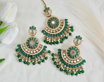 Mirror Chandbali Tikka Set: Indian Pakistani Wedding Jewelry