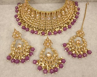 Set Gioielli Sposa Indiano &ndash; Collana Choker E Orecchini In Oro Placcato Con Pietre