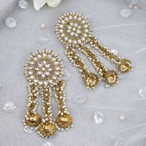 Hina-Kundan Statement Earrings with Jhumki Drop, Kashmiri Jhumka, Indian Pakistani Jewelry, Bollywood Dejhoor Earrings image 2