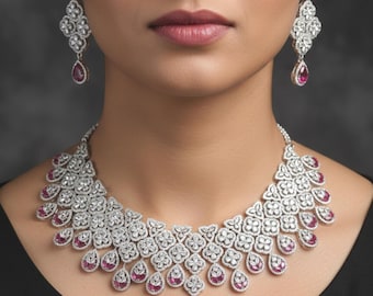 Silver CZ Ruby Pink Indian Bridal Necklace Set with Earrings, American Diamond Wedding Jewellery , Bridesmaid Choker Set, Statement Jewelry