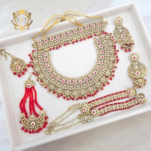 Avleen Red Gold Asian Full Bridal Jewellery Set | Double Necklace Indian Wedding Set | Bridal Choker | Jhumka | Tikka | Passa | Haathphool