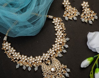 Grau vergoldet Kundan Polki CZ Stein Perlen Halskette Set: Ohrringe, Indischer Schmuck, Braut, Hochzeit, Partywear, Bollywood Schmuck Set