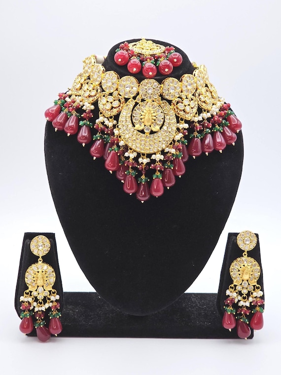Maroon Gold Plated Kundan Polki Jewellery Set : Maroon Indian Bridal Choker Necklace Earring Tikka Jewelry Set Wedding