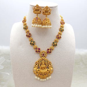 Gold Plated Kemp Stone Laxmi Necklace Set: South Indian Jhumki Jewelry