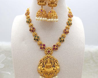 Gold Plated Kemp Stone Laxmi Necklace Set: South Indian Jhumki Jewelry