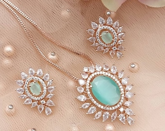 CZ Pendant Necklace Earring Set: Indian Pakistani Wedding Jewelry