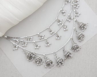 Silver Polki Pearl Ear Chains, Kaanchain, Sahara, Indian Pakistani Jewellery, Saharey For Earrings, Pearl Sahara Ear Chain