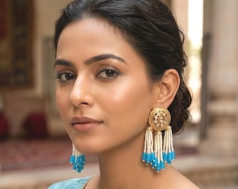 Gold Plated Polki Kundan Earrings with Pearl Tassel, Indian Statement Earrings, Pakistani Bridal Wedding Jewelry, Bridesmaid Gift for Her