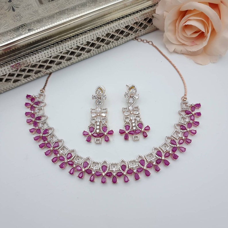 Rose Gold and Pink Stone American Diamond CZ Necklace Set - Etsy UK