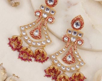 Gold Plated Meenakari Chandbali Earrings, Red Kundan Chandelier Earrings, Indian Statement Jewelry, Pakistani Bridal Earrings, Gift for Her