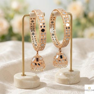 Rose Gold Mirror Jhumka Bangles Set of 2, Indian Bridal Wedding Jewelry, Pakistani Jhumki Kangan, Statement Pearl Drop Bangles Gift for Her