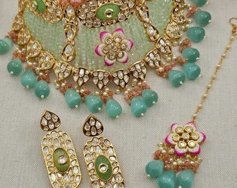 Green Gold Pink Kundan Bridal Jewellery Set Choker Necklace Set: Indian Bridal Jewelry Wedding Bollywood Pakistani Asian Bride Bridesmaid