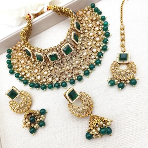 Green Polki Bridal Choker Necklace Set: Antique Gold Indian Jhumka Tikka Jewelry