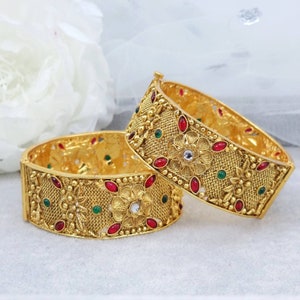 Gold Plated Jadau Bangle Set: Stone Studded Indian Jewelry