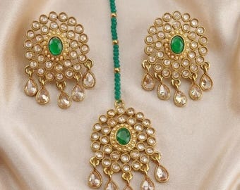 Kundan Polki Earrings & Maang Tikka Set, Gold Indian Wedding Jewelry, Pakistani Bridal Earrings and Headpiece, Bridesmaid Jewelry Gift