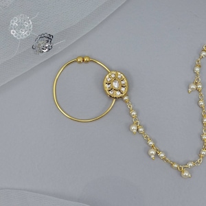 Gold Plated Kundan Bridal Nose Ring with Chain (Non Pierced)