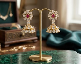 Orecchini Jhumka piccoli con diamanti CZ, gioielli da sposa indiani con finitura oro rosa, oro, argento, Jhumki con pietra preziosa, regalo di gioielli per damigella d'onore per lei