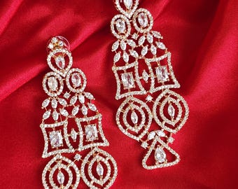 Pendientes de araña de oro rosa y plata con circonitas cúbicas, joyería nupcial llamativa, pendientes colgantes para bodas indias, pendientes largos para fiestas, regalo