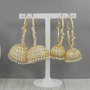 Poonam - Weiße Kundan Vergoldete Creolen Jhumka Ohrringe | Glocken Tropfen Ohrringe | Indischer pakistanischer Schmuck