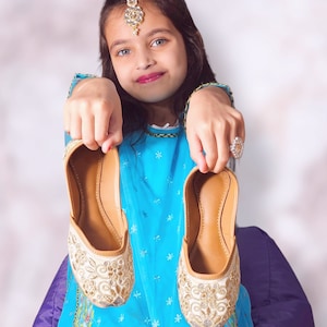 Girls Gold Embroidered Khusa Sandal: Pakistani Indian Jutti image 3