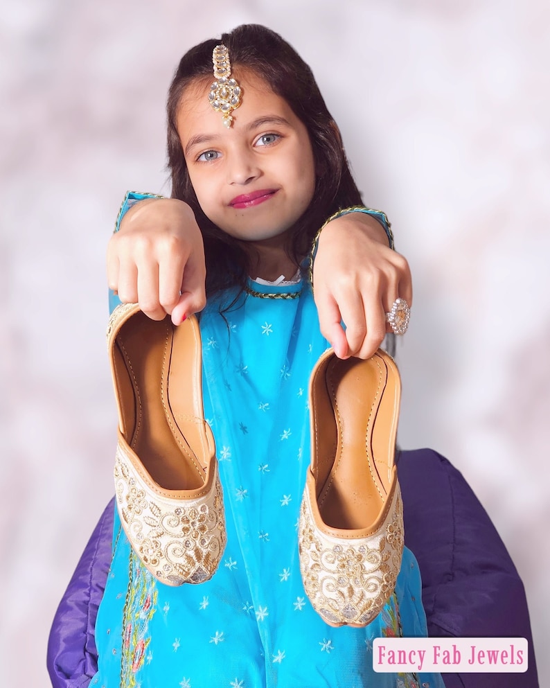 Girls Gold Embroidered Khusa Sandal: Pakistani Indian Jutti image 3
